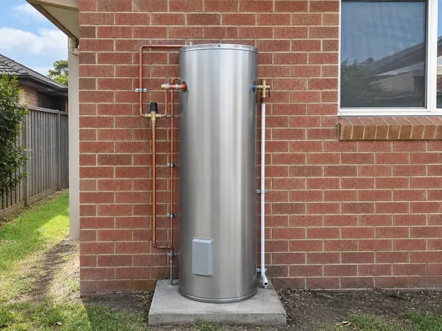 Outdoor stainless steel hot water cylinder beside a brick wall and window in Rouse Hill